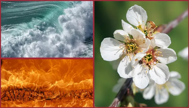Collage aus den Elementen Feuer - Wasser - Luft