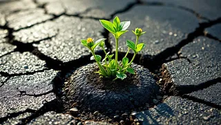Aufgebrochener Aspalt aus dem eine zarte Pflanze versucht zu wachsen