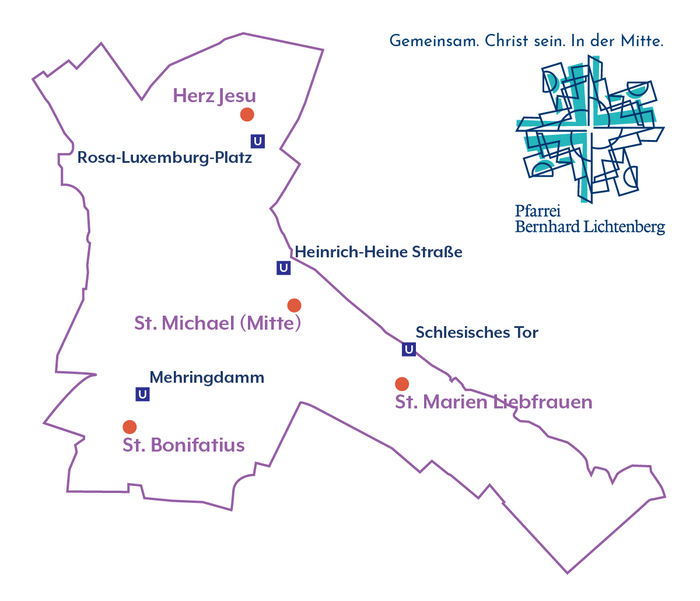 Eine Karte mit dem Pfarrgebiet der Paffarrei Bernhard Lichtenberg